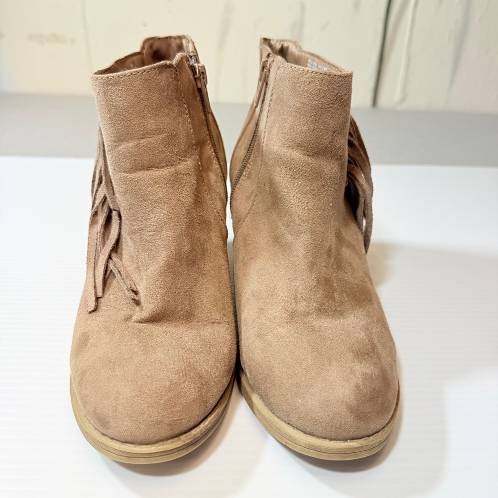 Women's Tan Suede Fringe‎ Ankle Boots Block Heel Side Zip Size 9